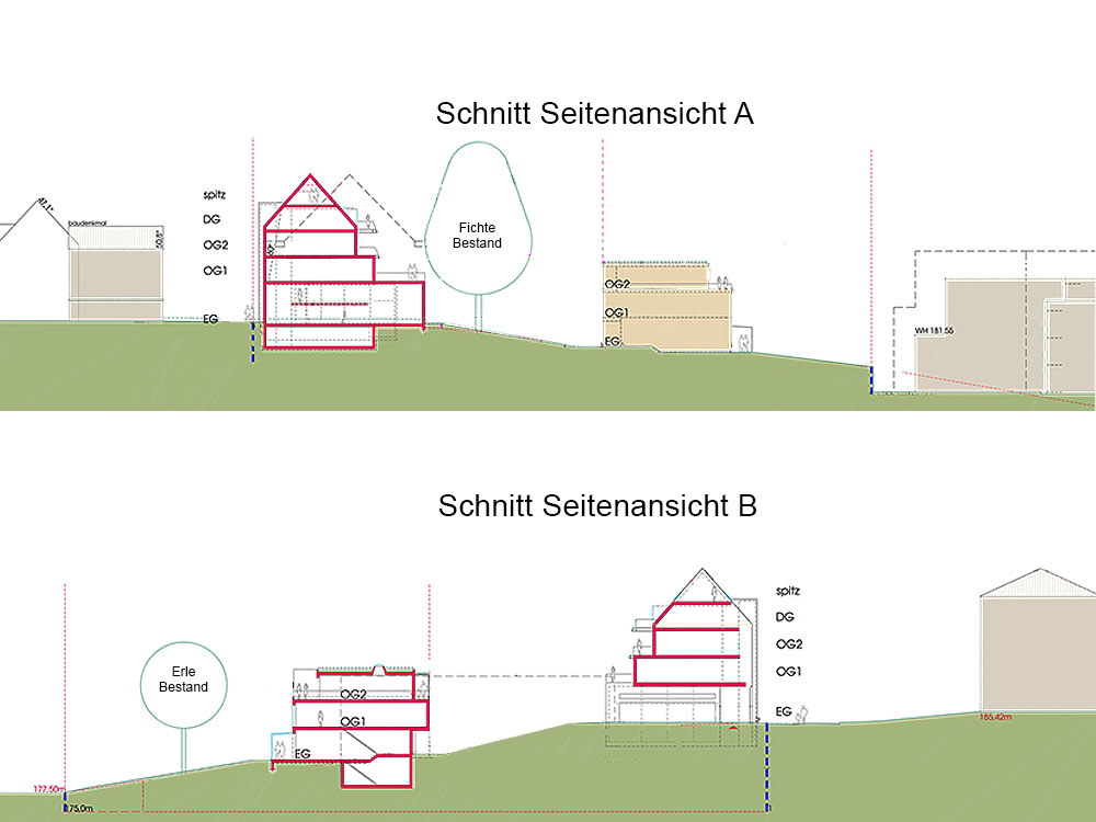 Schnittzeichnungen des Bauprojekts Hauptstrasse 106 -114 in Heiligenhaus